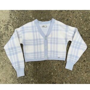 Hollister Blue White Plaid Cropped Cardigan Sweater Buttons V-Neck Womens Small